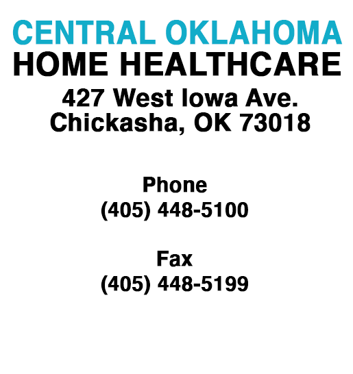 Central Oklahoma Home Healthcare, 427 West Iowa Ave, Chickasha, OK 73018. Phone (405) 448-5100. Fax (405) 448-5199.